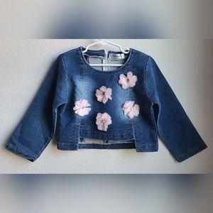 Girl's Cute Jean Top Embellished W/ Flowers, Sz 3-4 Yrs